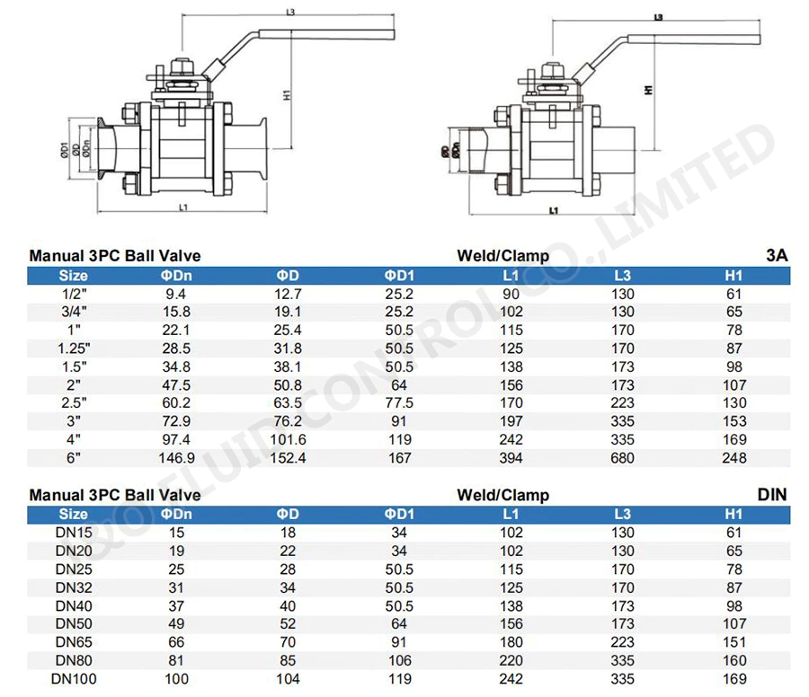 Three-Piece Sanitary T-Clamp Ball valve