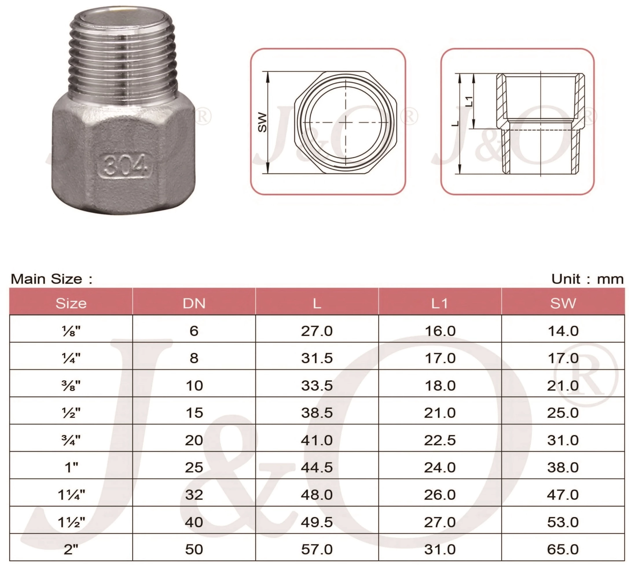 150LBS Stainless Steel Casting Female-Male Hexagon Adapter
