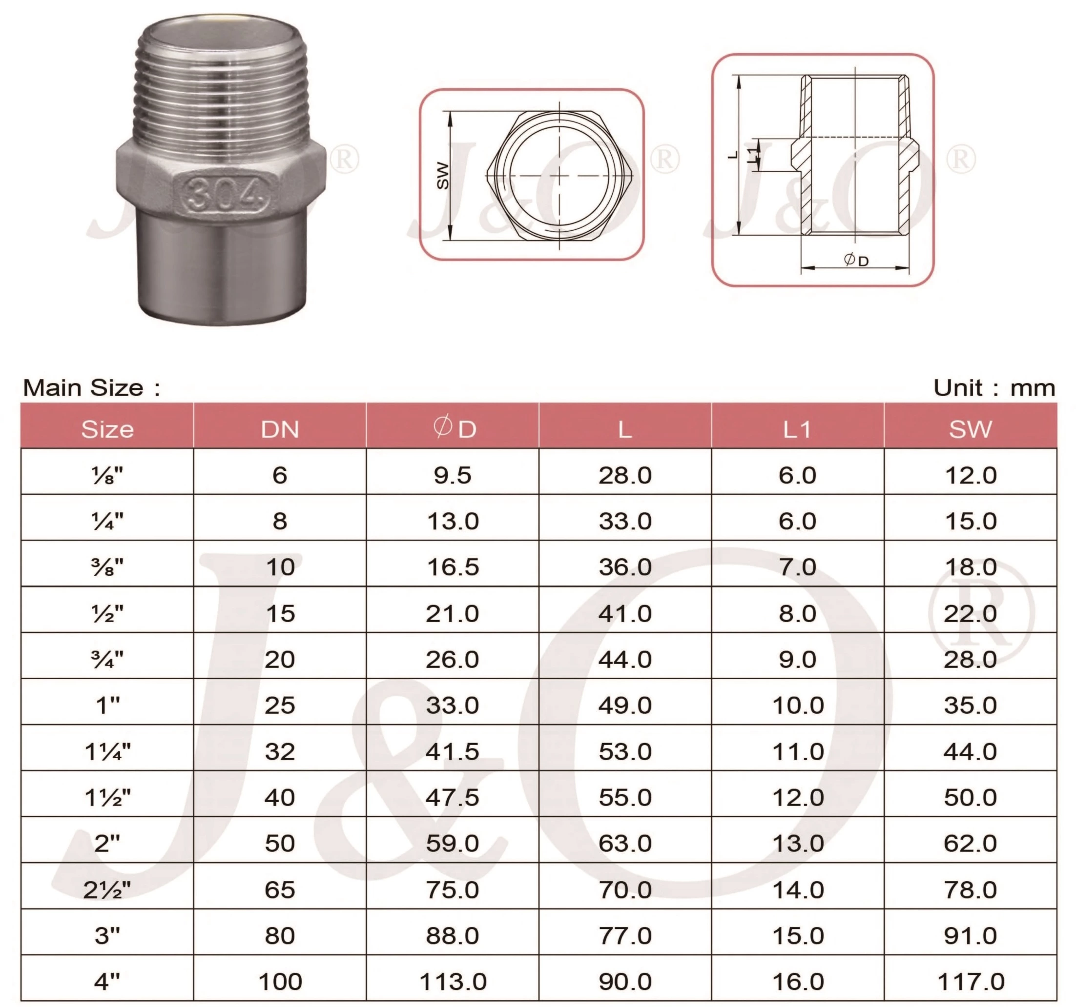 Stainless Steel Butt Weld-Male Hexagon Nipple