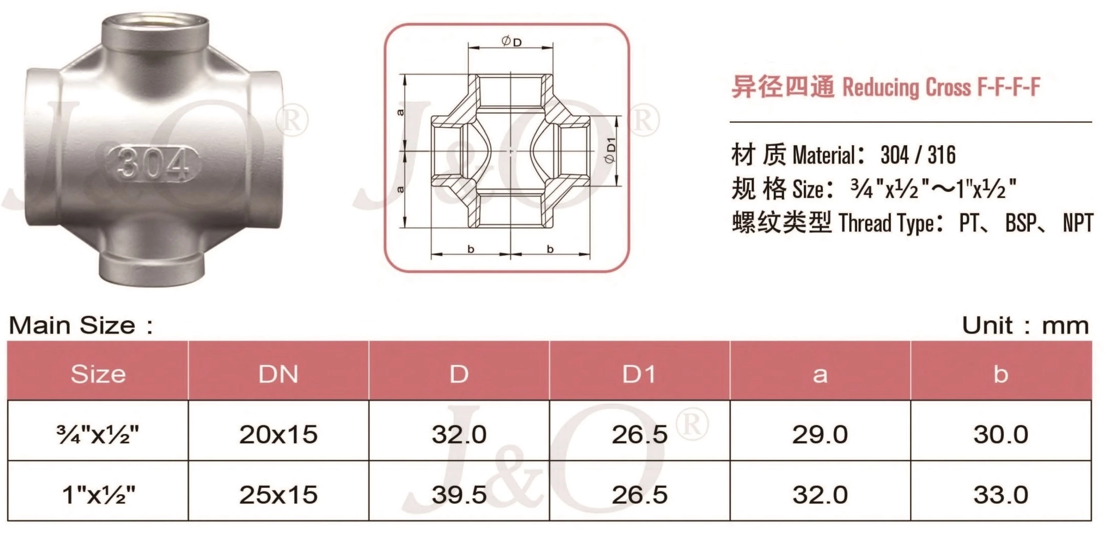 Stainless Steel 150LBS Casting Reducing Female Cross