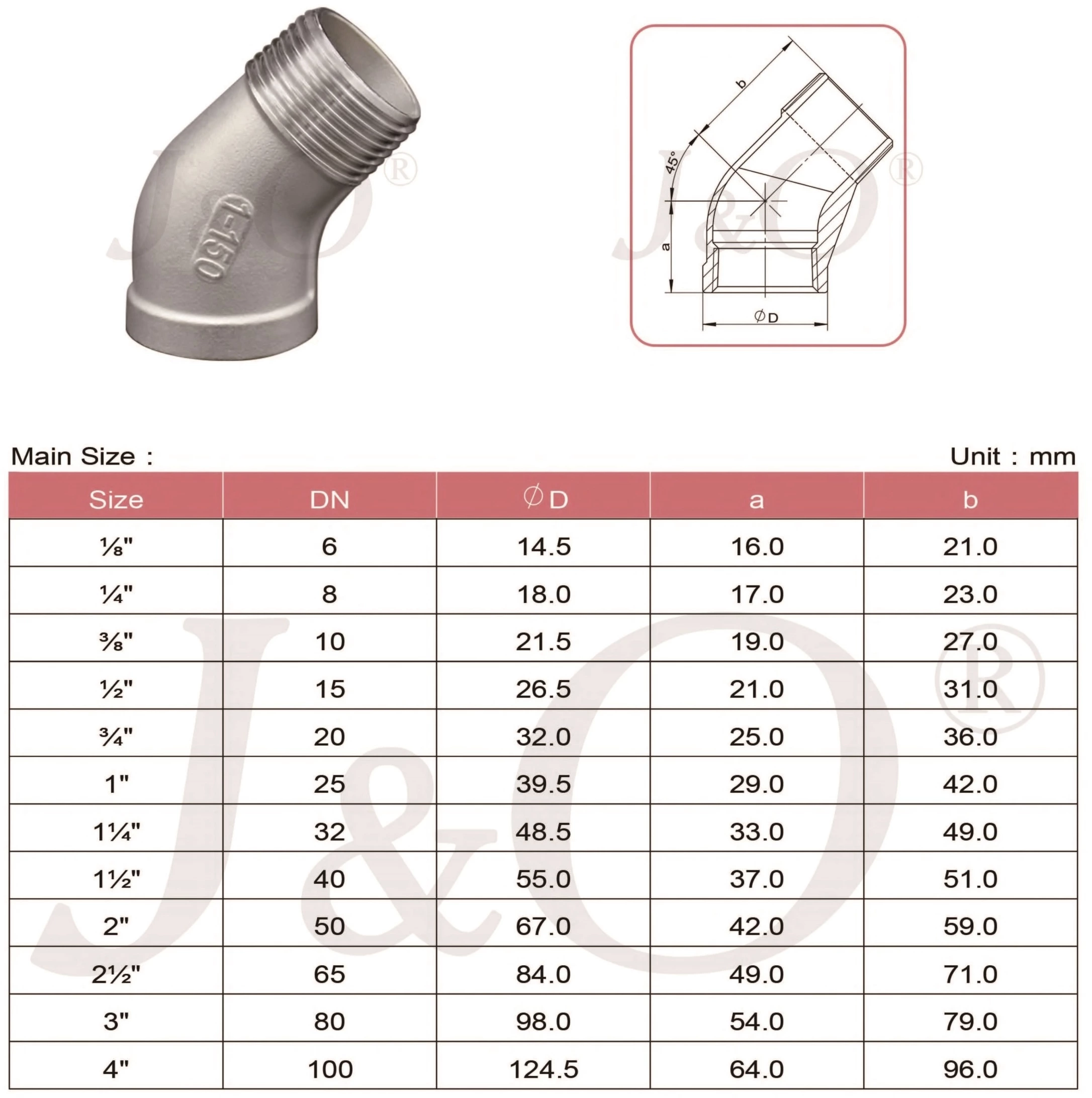 150LBS Stainless Steel 45 Degree Female Male Elbow