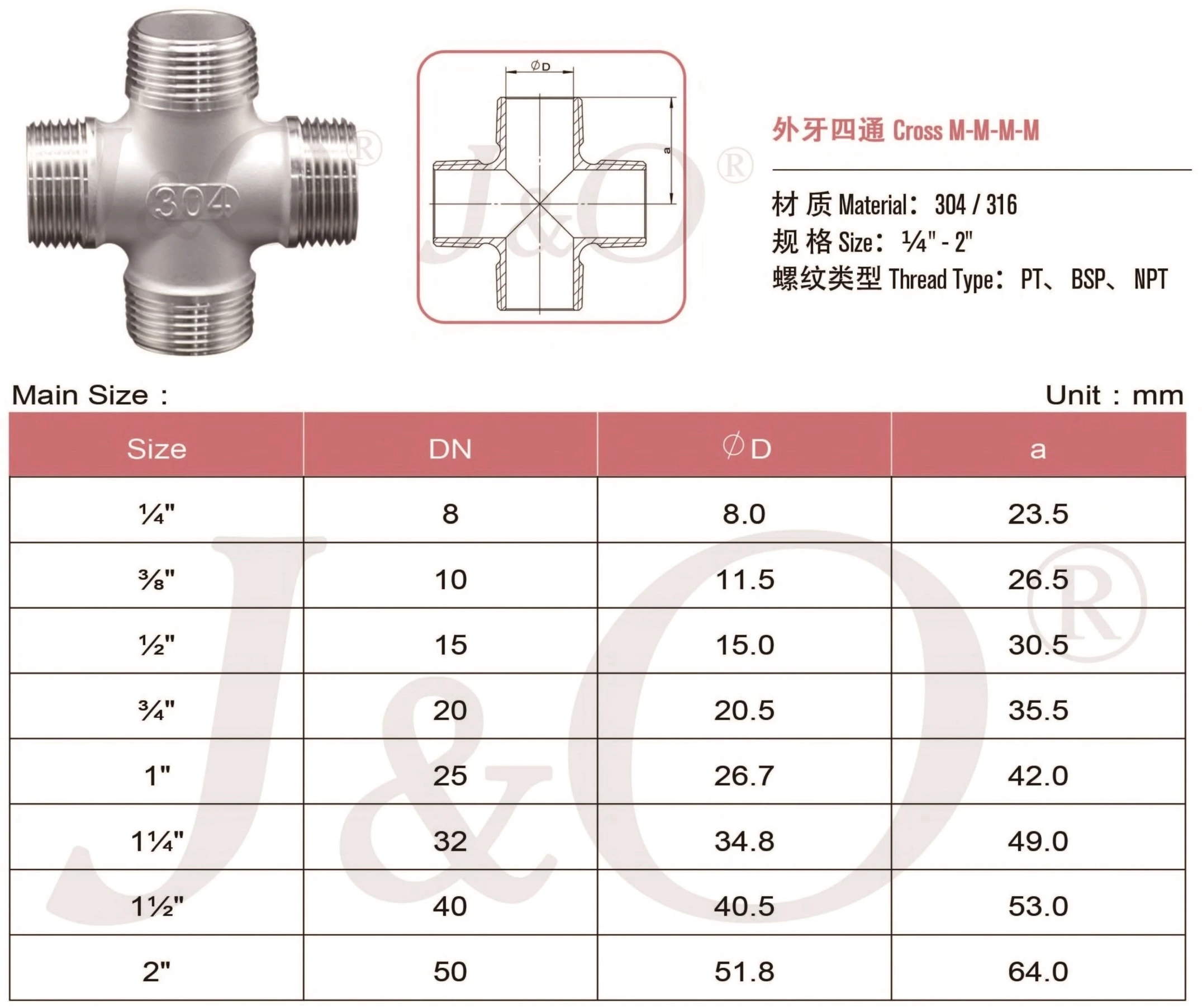 150LBS Stainless Steel Male Thread Cross