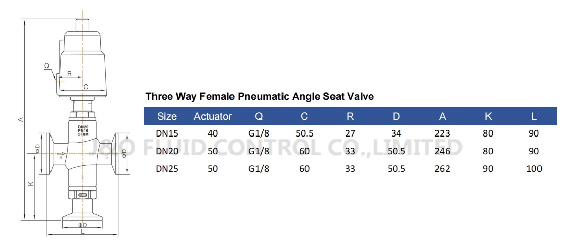Stainless Steel Three Way Clamp Pneumatic Angle Seat Valve