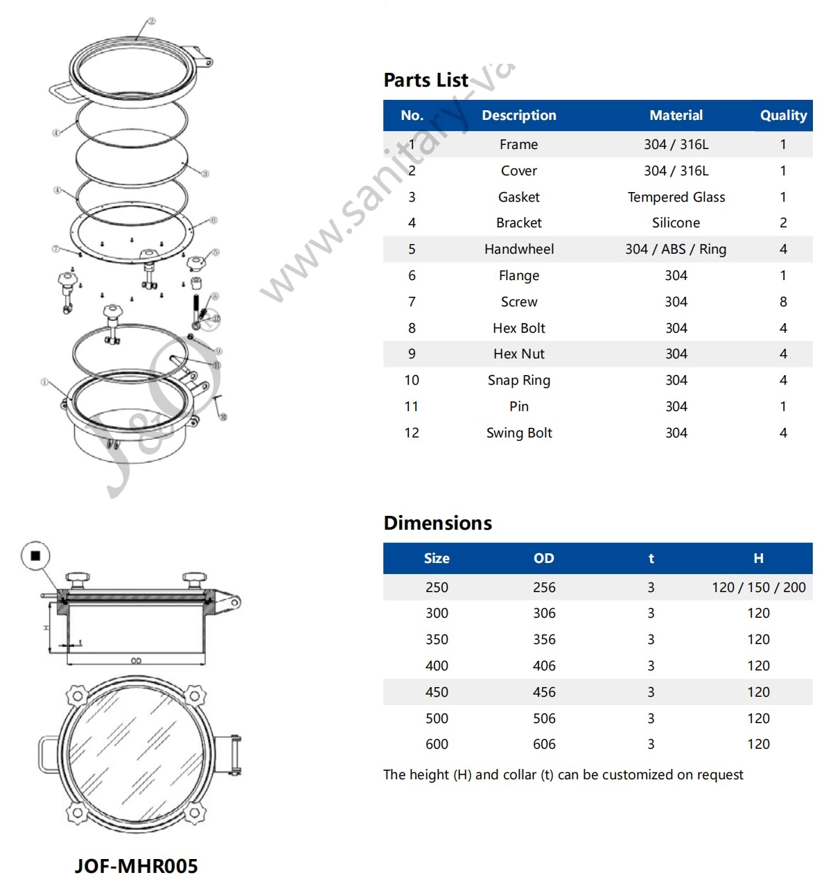 Sanitary Stainless Steel Manhole With Full View Sight Glass