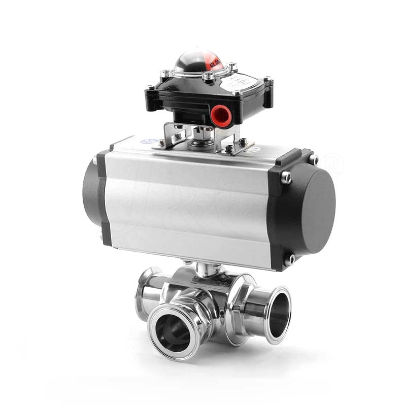 Sanitary Stainless Steel Clamped 3 Ways Pneumatic Ball Valve With Limit Switch Box