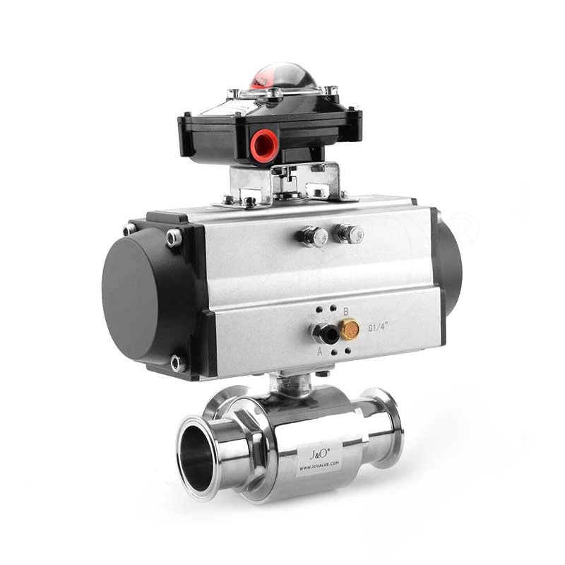 Sanitary Stainless Steel Clamped 3 Ways Pneumatic Ball Valve With Limit Switch Box