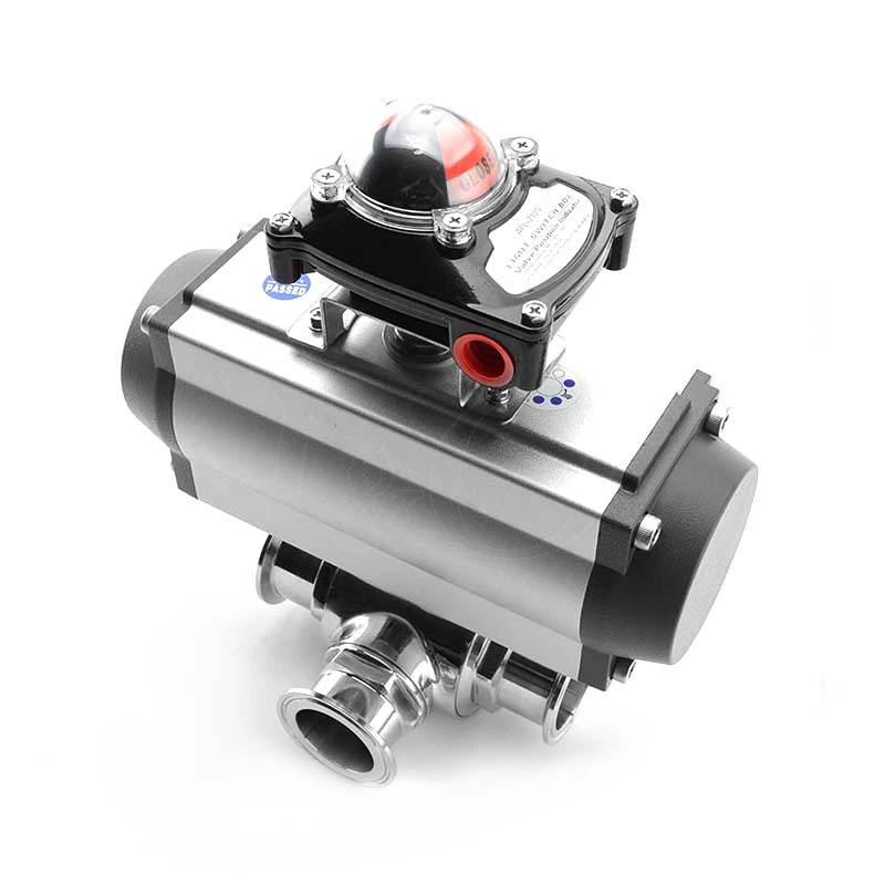 Sanitary Stainless Steel Clamped 3 Ways Pneumatic Ball Valve With Limit Switch Box