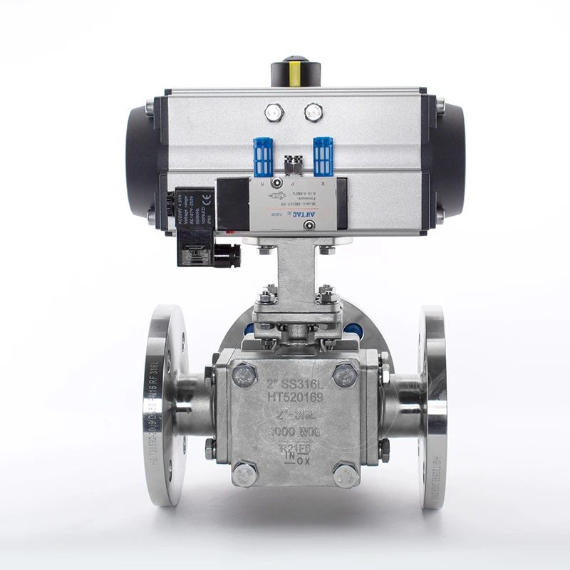 Sanitary Pneumatic Cavity Filled Flanged Three Way Ball Valve With Solenoid Valve