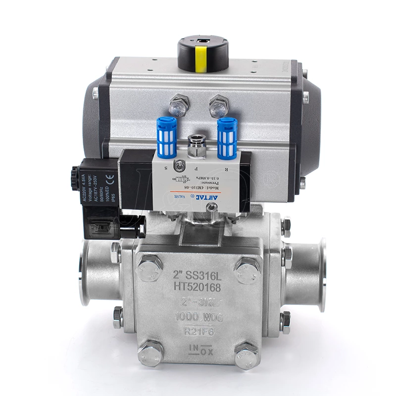Sanitary Pneumatic Encapsulated Clamped Three Way Ball Valve With Solenoid Valve