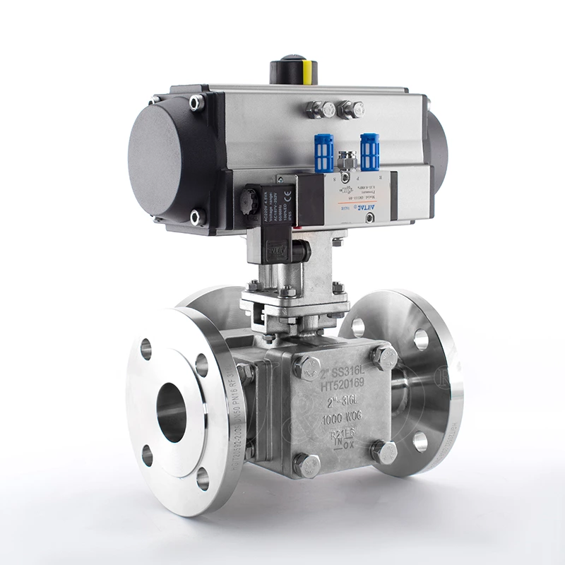 Sanitary Pneumatic Cavity Filled Flanged Three Way Ball Valve With Solenoid Valve
