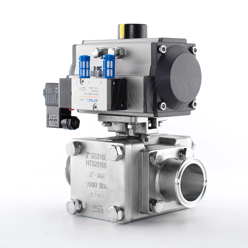 Sanitary Pneumatic Encapsulated Clamped Three Way Ball Valve With Solenoid Valve