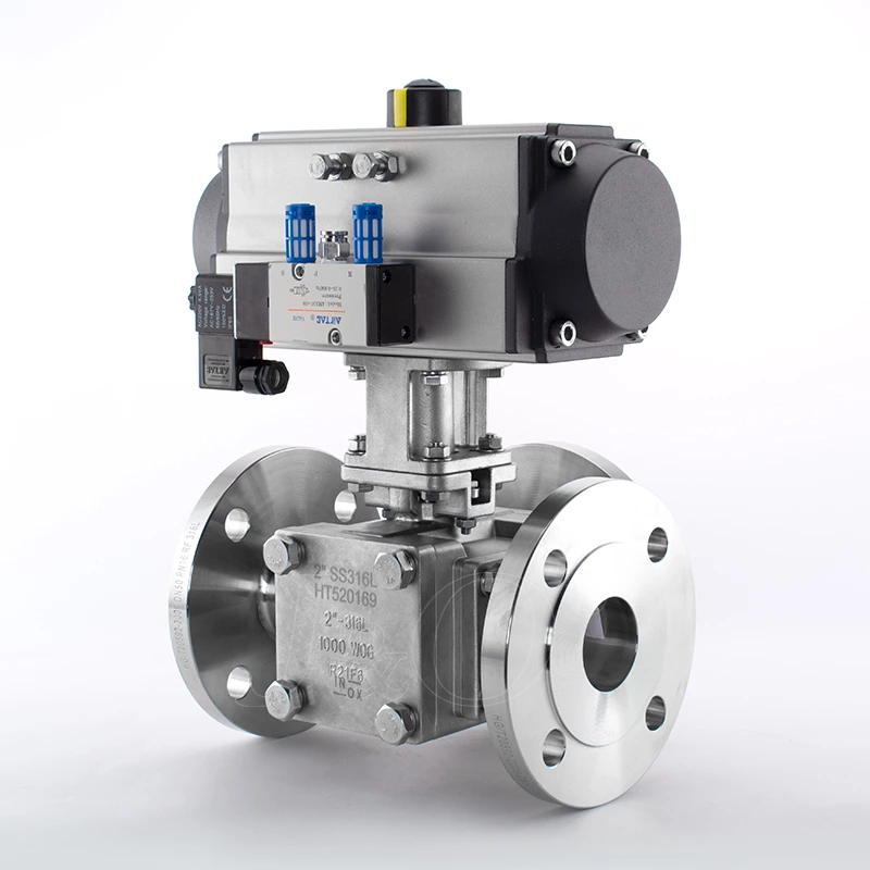 Sanitary Pneumatic Cavity Filled Flanged Three Way Ball Valve With Solenoid Valve